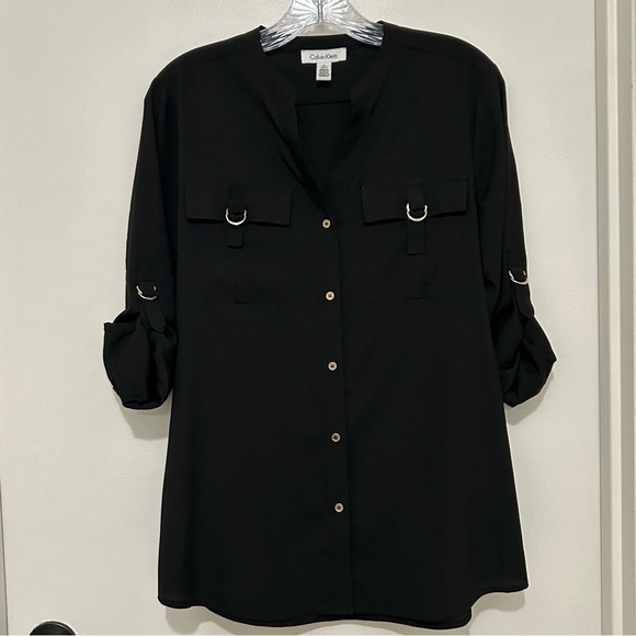 Calvin Klein Black Roll-Tab Sleeve Blouse Gold Hardware Utility Top Women's - Picture 1 of 6